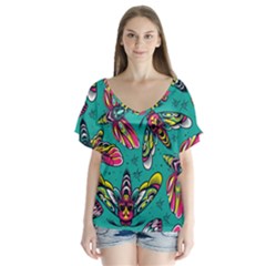 Vintage Colorful Insects Seamless Pattern V-neck Flutter Sleeve Top by Pakemis