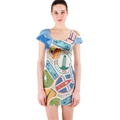 Travel Pattern Immigration Stamps Stickers With Historical Cultural Objects Travelling Visa Immigran Short Sleeve Bodycon Dress by Pakemis