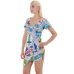 Travel Pattern Immigration Stamps Stickers With Historical Cultural Objects Travelling Visa Immigran Short Sleeve Asymmetric Mini Dress by Pakemis