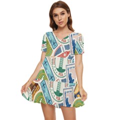 Travel Pattern Immigration Stamps Stickers With Historical Cultural Objects Travelling Visa Immigran Tiered Short Sleeve Babydoll Dress by Pakemis