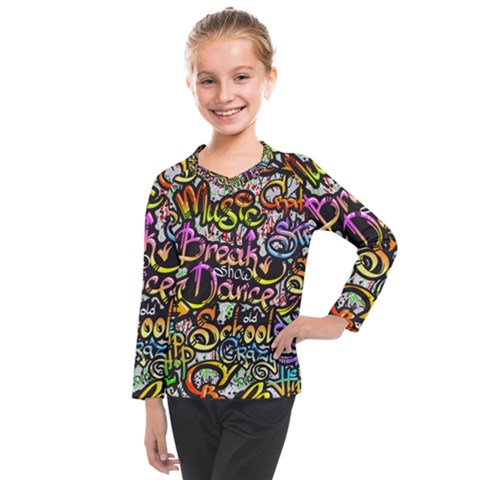 Graffiti Word Seamless Pattern Kids  Long Mesh Tee by Pakemis