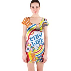 Colorful City Life Horizontal Seamless Pattern Urban City Short Sleeve Bodycon Dress by Pakemis