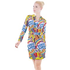 Colorful City Life Horizontal Seamless Pattern Urban City Button Long Sleeve Dress by Pakemis