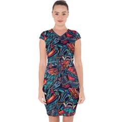 Vintage Tattoos Colorful Seamless Pattern Capsleeve Drawstring Dress  by Pakemis