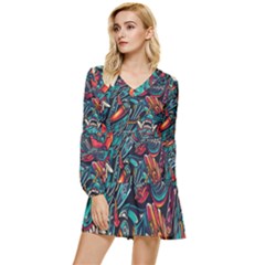 Vintage Tattoos Colorful Seamless Pattern Tiered Long Sleeve Mini Dress by Pakemis