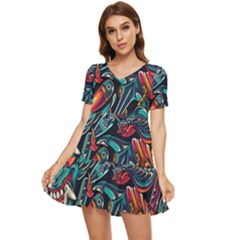 Vintage Tattoos Colorful Seamless Pattern Tiered Short Sleeve Babydoll Dress by Pakemis