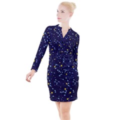 Seamless Pattern With Cartoon Zodiac Constellations Starry Sky Button Long Sleeve Dress by Pakemis