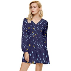 Seamless Pattern With Cartoon Zodiac Constellations Starry Sky Tiered Long Sleeve Mini Dress by Pakemis