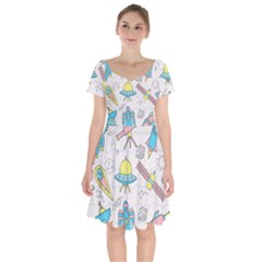 Cute-seamless-pattern-with-space Short Sleeve Bardot Dress by Pakemis