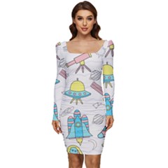 Cute-seamless-pattern-with-space Women Long Sleeve Ruched Stretch Jersey Dress by Pakemis
