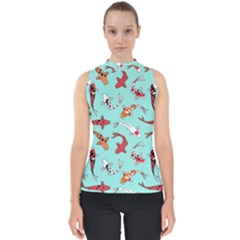 Pattern-with-koi-fishes Mock Neck Shell Top by Pakemis