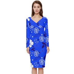 Blooming-seamless-pattern-blue-colors Long Sleeve V-neck Bodycon Dress  by Pakemis