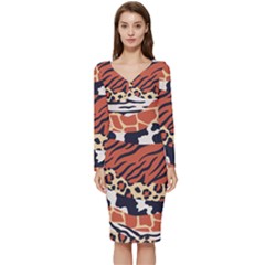 Mixed-animal-skin-print-safari-textures-mix-leopard-zebra-tiger-skins-patterns-luxury-animals-textur Long Sleeve V-neck Bodycon Dress  by Pakemis