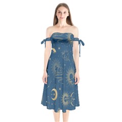 Seamless-galaxy-pattern Shoulder Tie Bardot Midi Dress by Pakemis