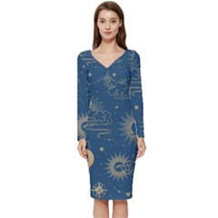 Seamless-galaxy-pattern Long Sleeve V-neck Bodycon Dress  by Pakemis