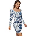 Indigo-watercolor-floral-seamless-pattern Women Long Sleeve Ruched Stretch Jersey Dress View2