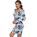 Indigo-watercolor-floral-seamless-pattern Women Long Sleeve Ruched Stretch Jersey Dress View3