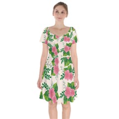Cute-pink-flowers-with-leaves-pattern Short Sleeve Bardot Dress by Pakemis