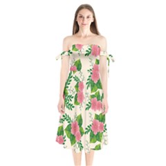 Cute-pink-flowers-with-leaves-pattern Shoulder Tie Bardot Midi Dress by Pakemis