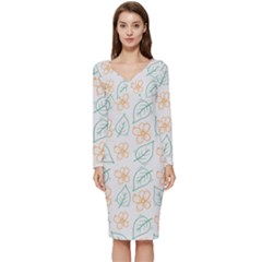 Hand-drawn-cute-flowers-with-leaves-pattern Long Sleeve V-neck Bodycon Dress  by Pakemis