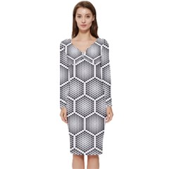Halftone-tech-hexagons-seamless-pattern Long Sleeve V-neck Bodycon Dress  by Pakemis