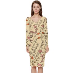 Seamless-pattern-with-different-flowers Long Sleeve V-neck Bodycon Dress  by Pakemis