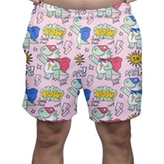 Seamless-pattern-with-many-funny-cute-superhero-dinosaurs-t-rex-mask-cloak-with-comics-style-inscrip Men s Shorts by Pakemis