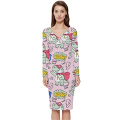 Seamless-pattern-with-many-funny-cute-superhero-dinosaurs-t-rex-mask-cloak-with-comics-style-inscrip Long Sleeve V-neck Bodycon Dress  by Pakemis