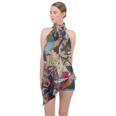 Background Embroidery Pattern Stitches Abstract Halter Asymmetric Satin Top by Uceng