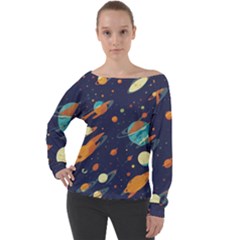 Space Galaxy Planet Universe Stars Night Fantasy Off Shoulder Long Sleeve Velour Top by Uceng