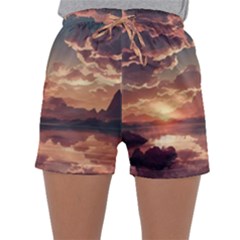 Sunset River Sky Clouds Nature Nostalgic Mountain Sleepwear Shorts by Uceng