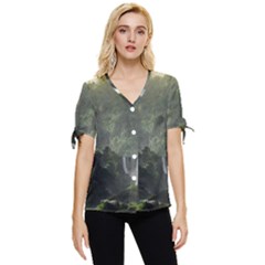 Waterfall River Fantasy Dream Planet Matte Bow Sleeve Button Up Top by Uceng