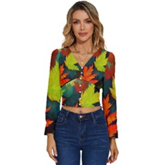 Leaves Foliage Autumn Nature Forest Fall Long Sleeve V-neck Top by Uceng