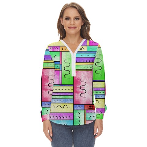 Colorful Pattern Zip Up Long Sleeve Blouse by gasi