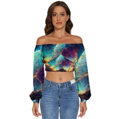 Abstract Galactic Long Sleeve Crinkled Weave Crop Top by Ravend