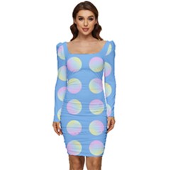 Abstract Stylish Design Pattern Blue Women Long Sleeve Ruched Stretch Jersey Dress by brightlightarts