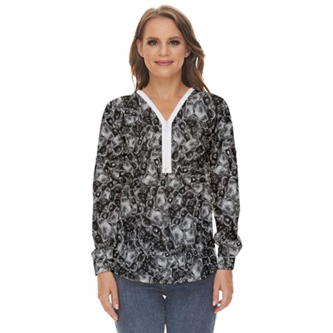 Creepy Head Mask Motif Random Pattern Zip Up Long Sleeve Blouse by dflcprintsclothing