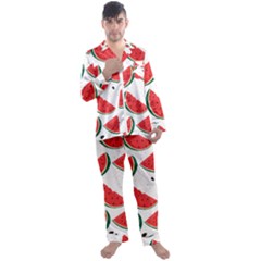 Watermelon Seamless Pattern Men s Long Sleeve Satin Pajamas Set by Jancukart