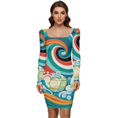 Wave Waves Ocean Sea Abstract Whimsical Women Long Sleeve Ruched Stretch Jersey Dress by Jancukart