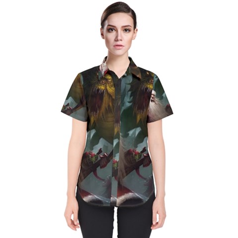 A Santa Claus Standing In Front Of A Dragon Women s Short Sleeve Shirt by bobilostore