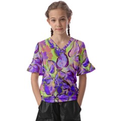 Purple Leaves Kids  V-neck Horn Sleeve Blouse by DinkovaArt