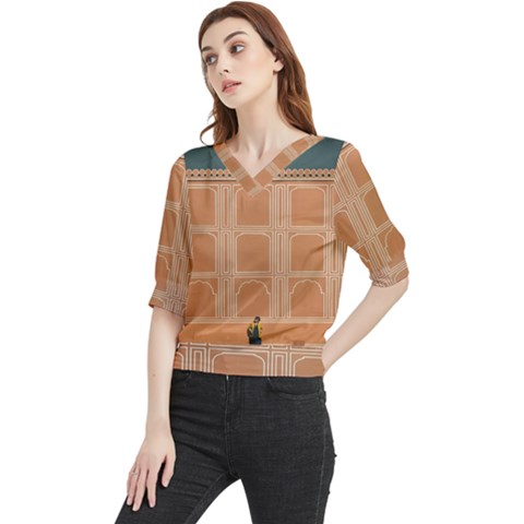 Person Stands By Tall Orange Wall And Looks- Up Quarter Sleeve Blouse by artworkshop