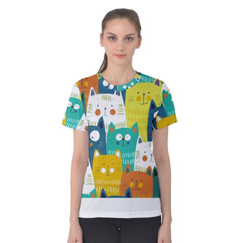 Cat T- Shirt Cute Cats Colorful Seamless Pattern T- Shirt Women s Cotton Tee by maxcute