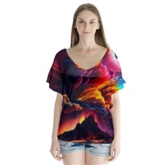 Ocean Sea Wave Clouds Mountain Colorful Sky Art V-neck Flutter Sleeve Top by Pakemis