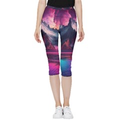 Ai Generated Mountain Ocean Lava Fire Sky Sea Inside Out Lightweight Velour Capri Leggings  by Pakemis