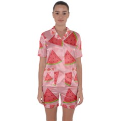 Background Watermelon Pattern Fruit Food Sweet Satin Short Sleeve Pajamas Set by Jancukart
