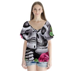 Black Skulls Red Roses V-neck Flutter Sleeve Top by GardenOfOphir
