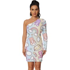 Pusheen Carebears Bears Cat Colorful Cute Pastel Pattern Long Sleeve One Shoulder Mini Dress by Sapixe