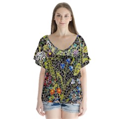 Mosaic Background Pattern Texture V-neck Flutter Sleeve Top by Ravend
