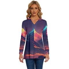 Mountain Sky Color Colorful Night Long Sleeve Drawstring Hooded Top by Ravend